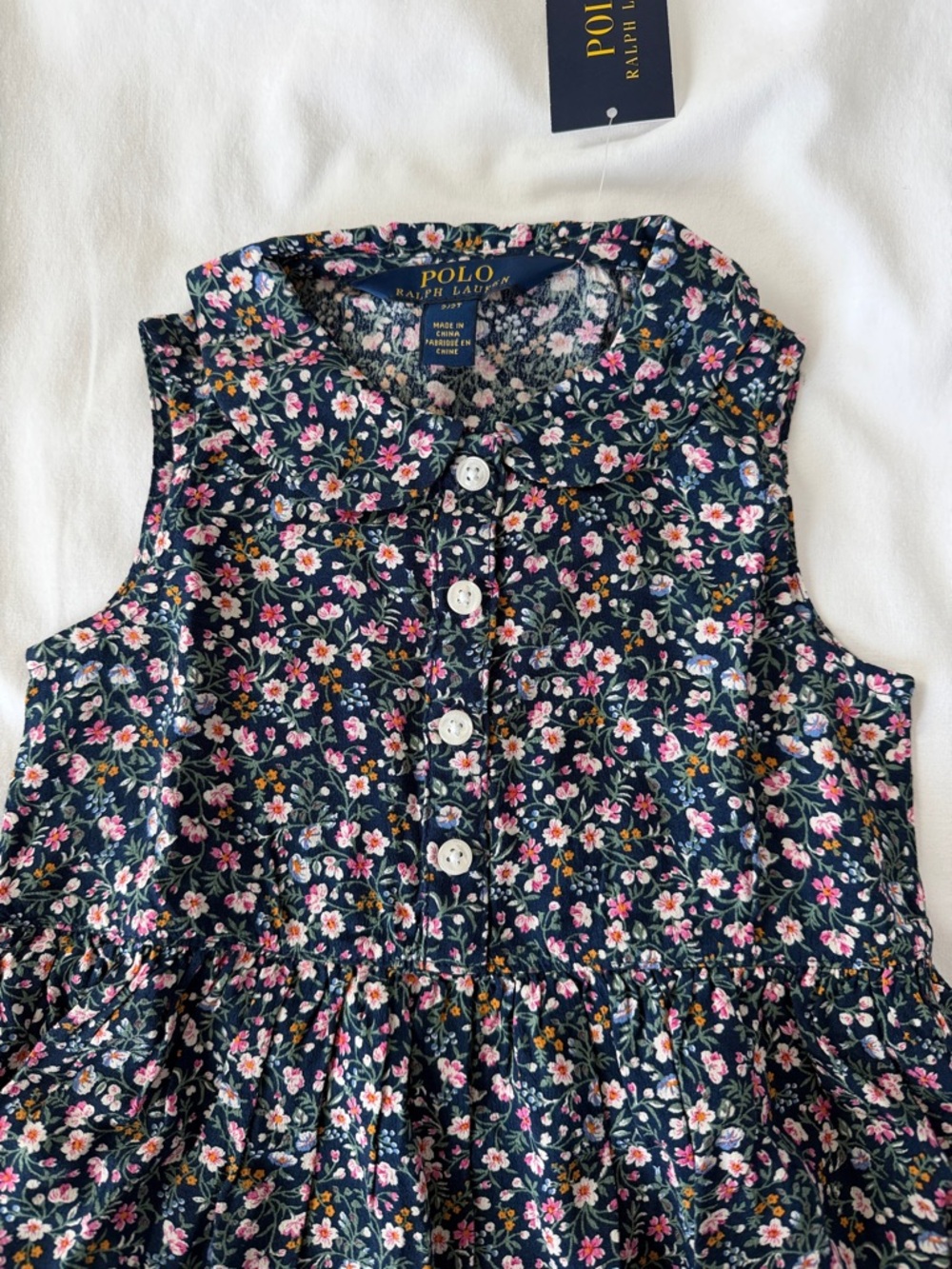 NWT Polo by Ralph Lauren Navy Pink Floral Button-Front Girls Dress 2T - Picture 5 of 10